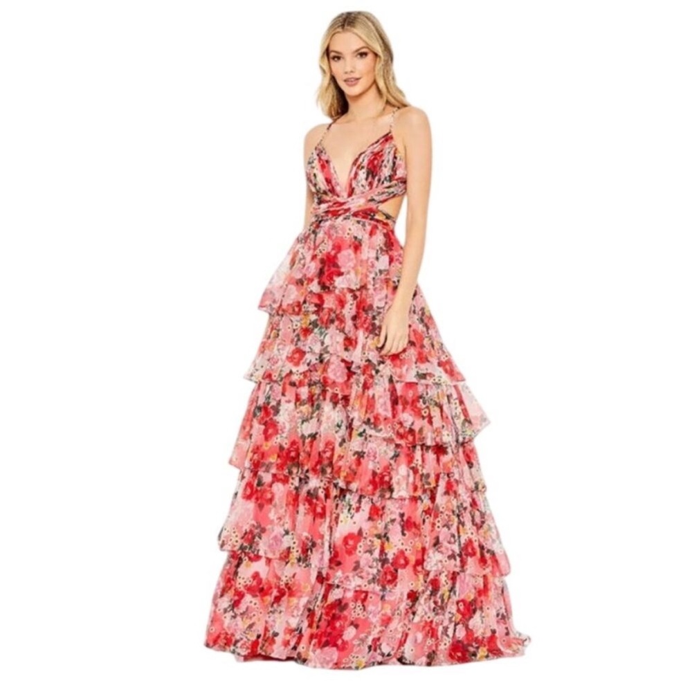 MAC DUGGAL Dress Size 8 Evening Gown Pink Floral Fit Flare Open Back NEW